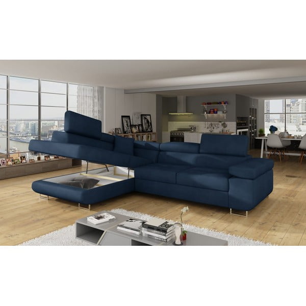 Kék bársony kinyitható-tárolóhelyes sarokkanapé (bal oldali-L alakú) Anton – ELTAP-image-4