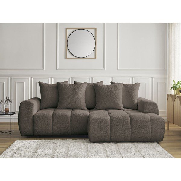 Barna buklé kinyitható-tárolóhelyes sarokkanapé (jobb oldali-heverő résszel) Roxelane – Bobochic Paris-image-1