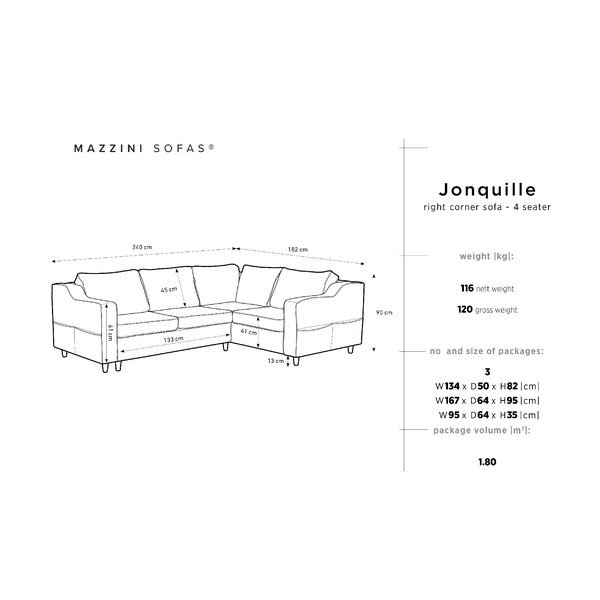 Jonquille szürke négyszemélyes kinyitható kanapé, jobb oldali - Mazzini Sofas-image-2