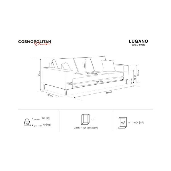 Lugano púderrózsaszín háromszemélyes kanapé - Cosmopolitan Design-image-4