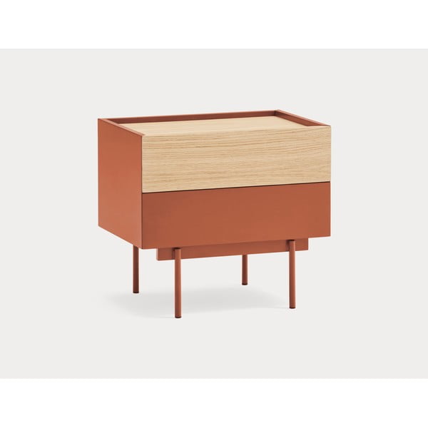 Téglavörös-natúr színű éjjeliszekrény tölgyfa dekorral Otto – Teulat-image-1