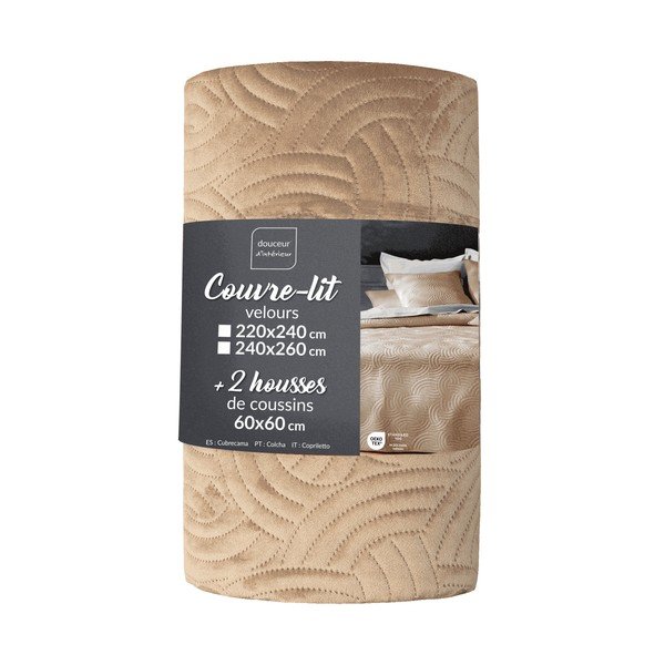 Világosbarna bársony ágytakaró és párnahuzat szett 240x260 cm Solange – douceur d'intérieur