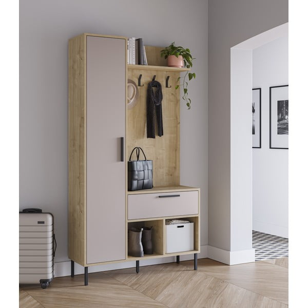 Krémszínű-natúr színű előszoba bútor tölgyfa dekorral 108x195x35 cm Heidy – Marckeric-image-1