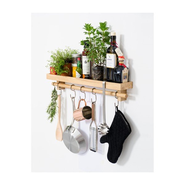 Konyhai eszköztároló tölgyfa polc akasztókkal - Wireworks-image-2