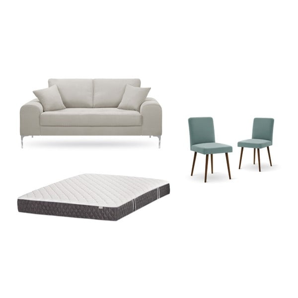 Krémszínű, kétszemélyes kanapé, 2 db zöldesszürke szék és matrac (140 x 200 cm) szett - Home Essentials