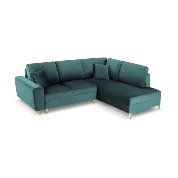 Petróleum színű bársony kinyitható tárolóhelyes sarokkanapé (jobb oldali-L alakú) Kyoto – Cosmopolitan Design-image-1