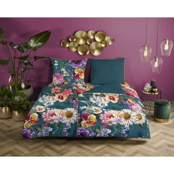 Sunflower petróleumkék organikus pamut egyszemélyes ágyneműhuzat, 140 x 200 cm - Descanso-image-1