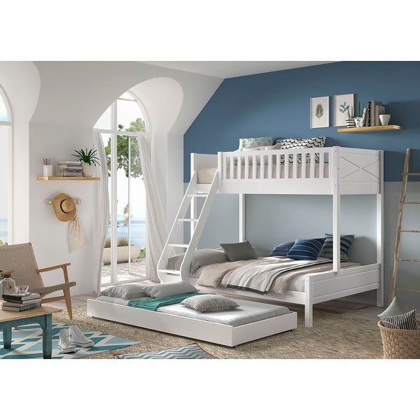 Fehér emeletes borovi fenyő gyerekágy tárolóhellyel 140x200-90x200 cm SCOTT – Vipack-image-1