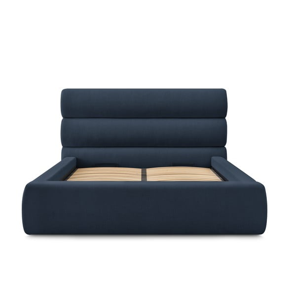 Sötétkék kárpitozott franciaágy tárolóhellyel, ágyráccsal 160x200 cm Jagna – Bobochic Paris-image-3