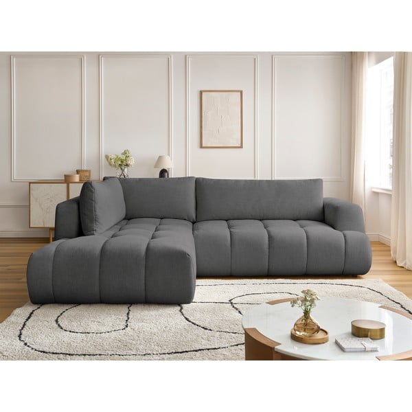 Sötétszürke kinyitható-tárolóhelyes sarokkanapé (bal oldali-L alakú) Fuji – Bobochic Paris-image-1