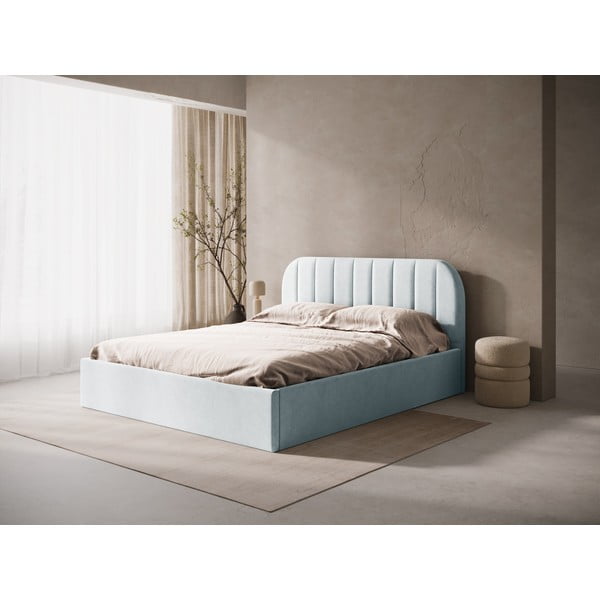 Világosszürke kárpitozott ágyneműtartós-ágytámla nélkül franciaágy ágyráccsal 200x200 cm Susan – Micadoni -image-1