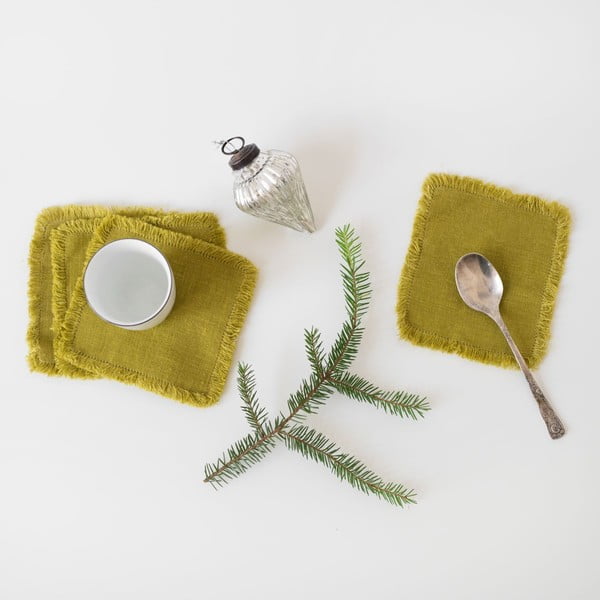 Classic 4 db-os zöld len poháralátét szett, 10 x 10 cm - Linen Tales-image-1