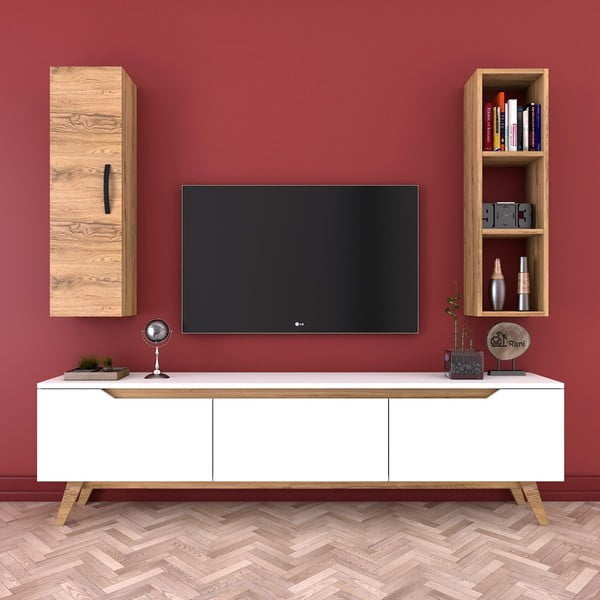 Wren fehér TV-állvány, fali polc és szekrény diófa dekorral