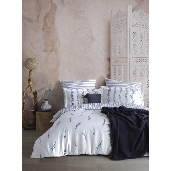 Fehér-kék kétszemélyes-hosszabbított pamut-szatén ágyneműhuzat 240x220 cm Marseille Floral – Mila Home Luxury