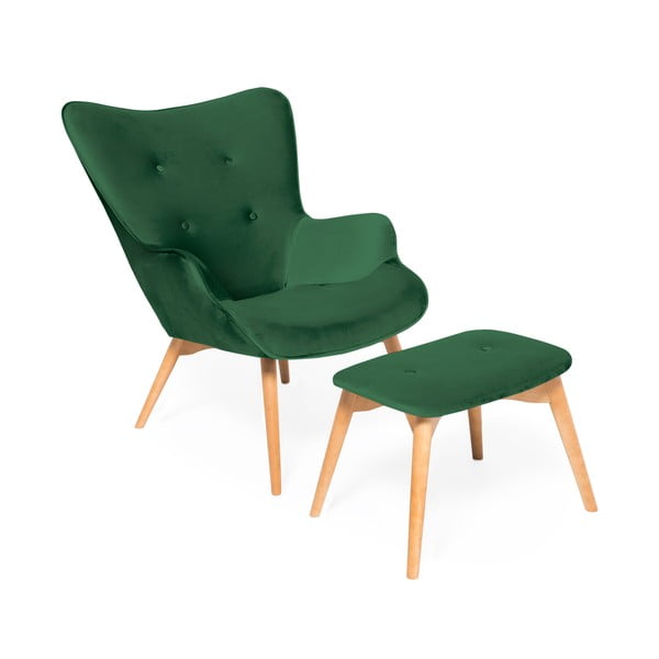 Cora Velvet smaragdzöld fotel és lábtartó, természetes lábszerkezet - Vivonita