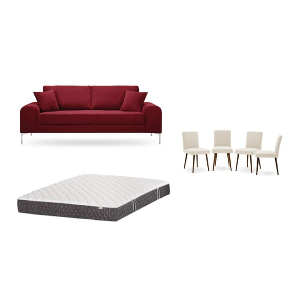 Piros, háromszemélyes kanapé, 4 db krémszínű szék, matrac (160 x 200 cm) szett - Home Essentials