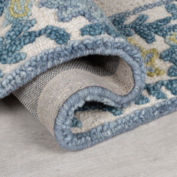 Kék-elefántcsont színű kézi szövésű gyapjúkeverék szőnyeg 200x290 cm Myla Floral Frame – Flair Rugs-image-3