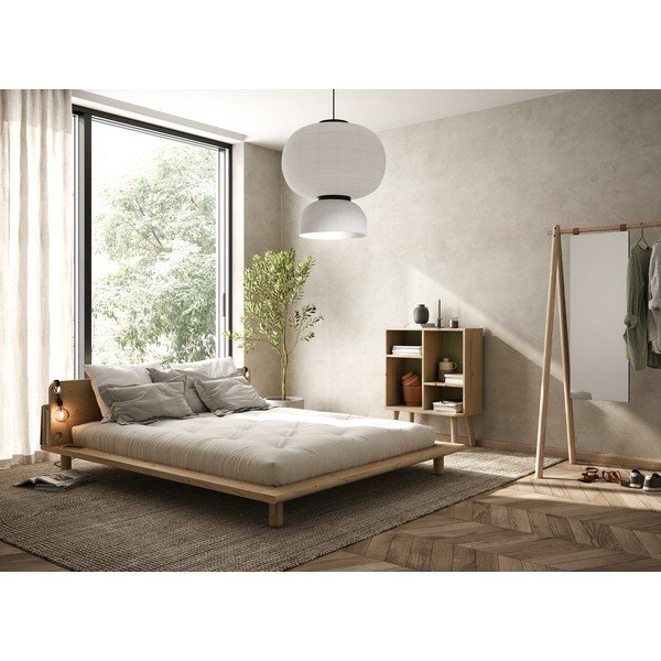Peek kétszemélyes tömörfa ágy, ágytámlával, lámpával és fekete Comfort matraccal, 180 x 200 cm - Karup Design-image-1