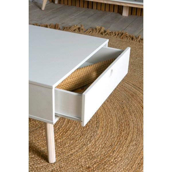 Kiara fehér dohányzóasztal 2 fiókkal és borovi fenyőfa lábakkal - Marckeric-image-1