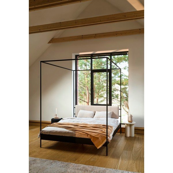 Fekete-bézs acél kárpitozott baldachinos franciaágy ágyráccsal 200x200 cm Eton – noo.ma-image-1