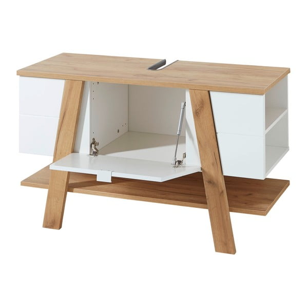 Novolino fehér mosdókagyló alatti szekrény tölgyfa dekorral, 111x67 cm - Germania-image-3