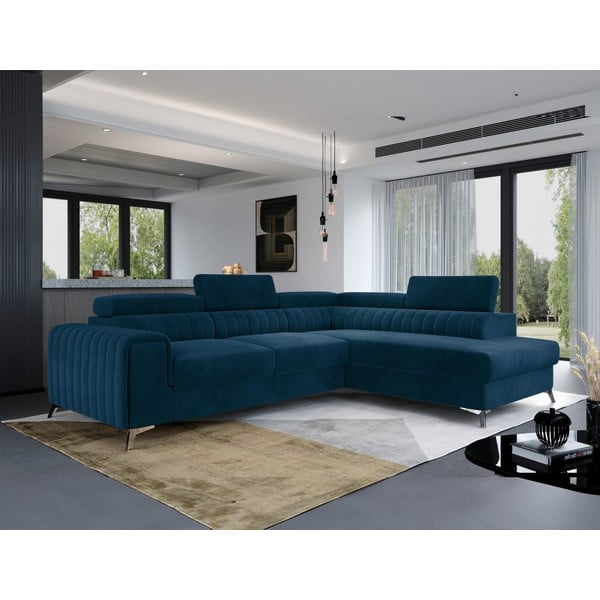 Kék bársony kinyitható-tárolóhelyes sarokkanapé (jobb oldali-L alakú) Laurence – ELTAP-image-4