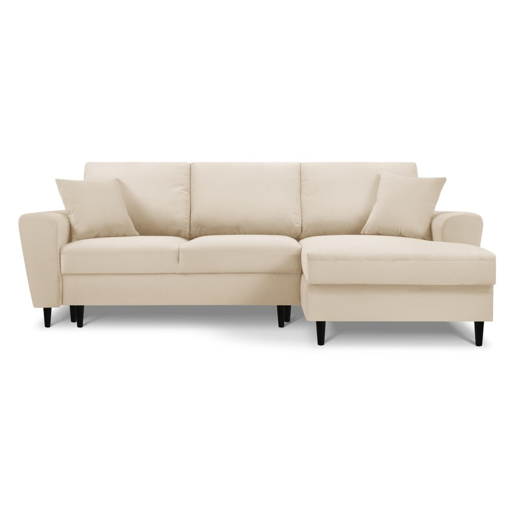 Bézs kordbársony kinyitható tárolóhelyes sarokkanapé (jobb oldali-heverő résszel) Kyoto – Cosmopolitan Design