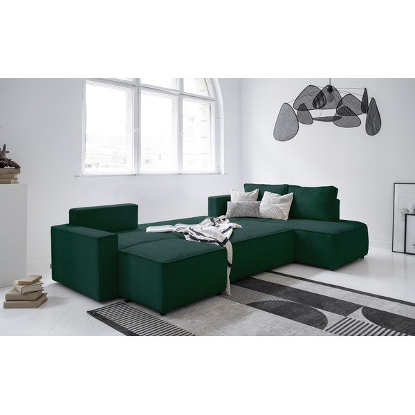 Sötétzöld kordbársony kinyitható sarokkanapé (jobb oldali-U alakú) Brave Dave – Miuform-image-3