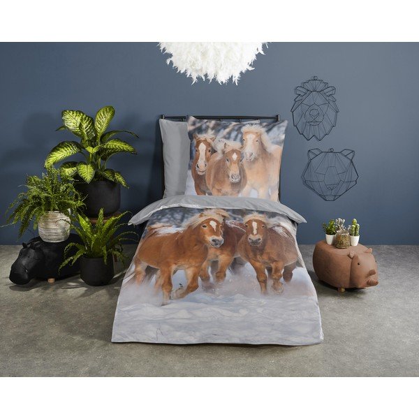 Szürke egyszemélyes flanel gyerek ágyneműhuzat 140x200 cm Happy Horses – Good Morning-image-1