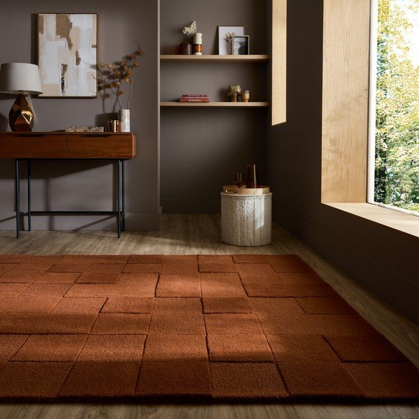Terrakotta színű kézi szövésű gyapjú szőnyeg 120x170 cm Checkerboard – Flair Rugs-image-1