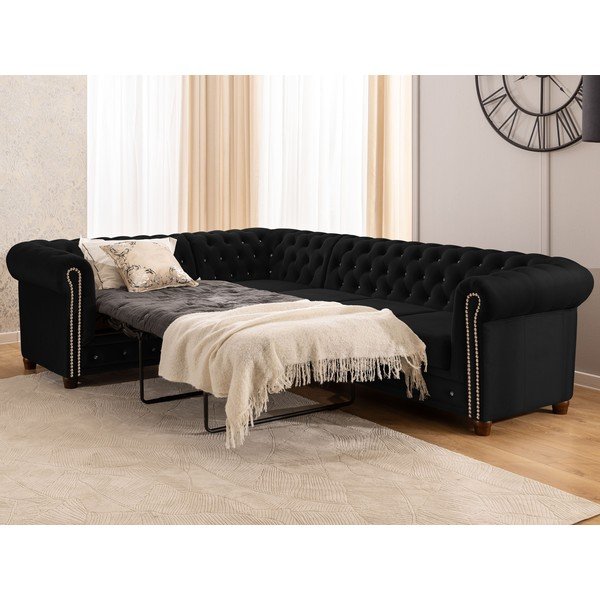 Fekete bársony kinyitható sarokkanapé (bal oldali-L alakú) York Blik – Ropez-image-1