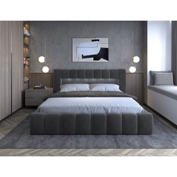 Szürke kárpitozott ágyneműtartós franciaágy ágyráccsal 160x200 cm Lamica – ELTAP-image-2