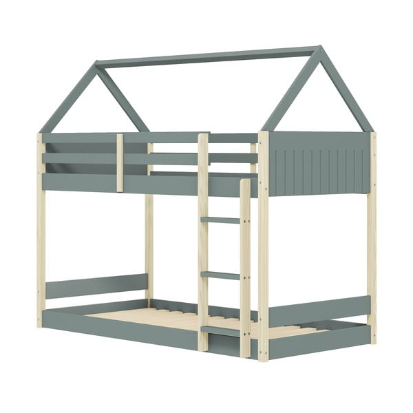 Natúr színű-szürkészöld házikó alakú-emeletes gyerekágy ágyráccsal 90x190 cm Valka – Marckeric-image-3