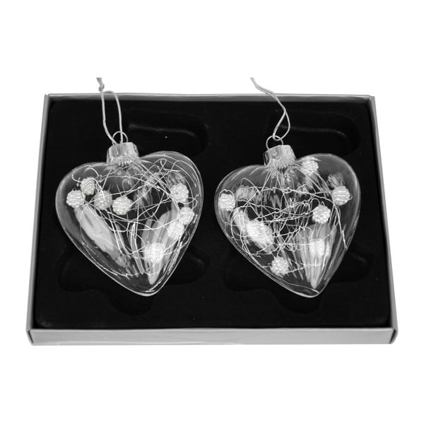 2 db-os szív alakú üvegdísz szett gyöngyökkel, magassága 9 cm - Ego Dekor