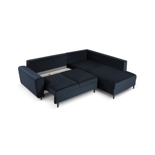 Sötétkék bársony kinyitható tárolóhelyes sarokkanapé (jobb oldali-L alakú) Kyoto – Cosmopolitan Design-image-3