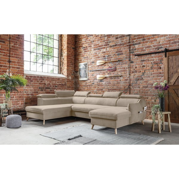 Bézs bársony kinyitható sarokkanapé (bal oldali-"U" alakú) Sweet Harmony – Miuform-image-3