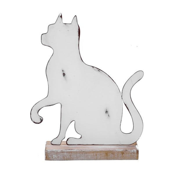Nagy fehér macska formájú fém dekoráció fa talpazattal, 19,5 x 25 cm - Ego Dekor