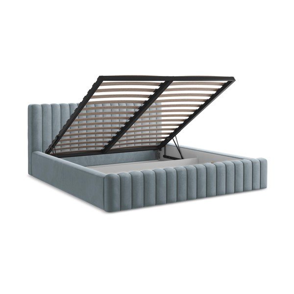 Világoskék kárpitozott ágyneműtartós franciaágy ágyráccsal 180x200 cm Lemi – Makamii-image-3