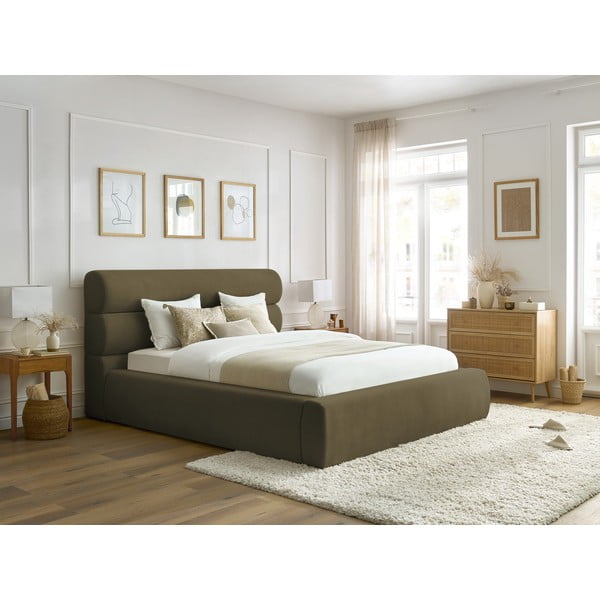 Sötétzöld kárpitozott franciaágy tárolóhellyel, ágyráccsal 160x200 cm Jagna – Bobochic Paris-image-1