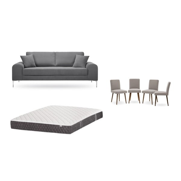 Szürke, háromszemélyes kanapé, 4 szürkésbézs szék, matrac (160 x 200 cm) szett - Home Essentials