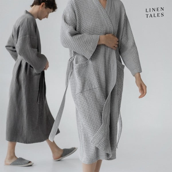 Világosszürke fürdőköpeny L/XL Honeycomb – Linen Tales-image-4