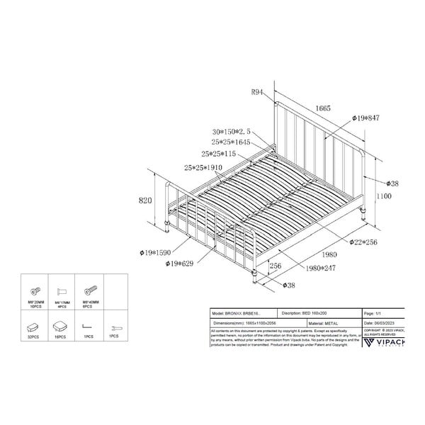 Fekete fém franciaágy ágyráccsal 160x200 cm BRONXX – Vipack-image-4