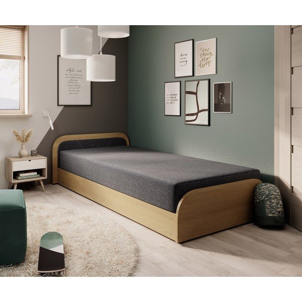 Okkersárga-sötétszürke kárpitozott-forgácslemez ágyneműtartós egyszemélyes ágy matraccal 80x190 cm Parys – ELTAP-image-1