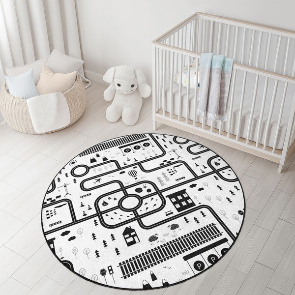 Fekete-fehér mosható gyerek játszószőnyeg ø150 cm In My Town – Mila Home-image-3