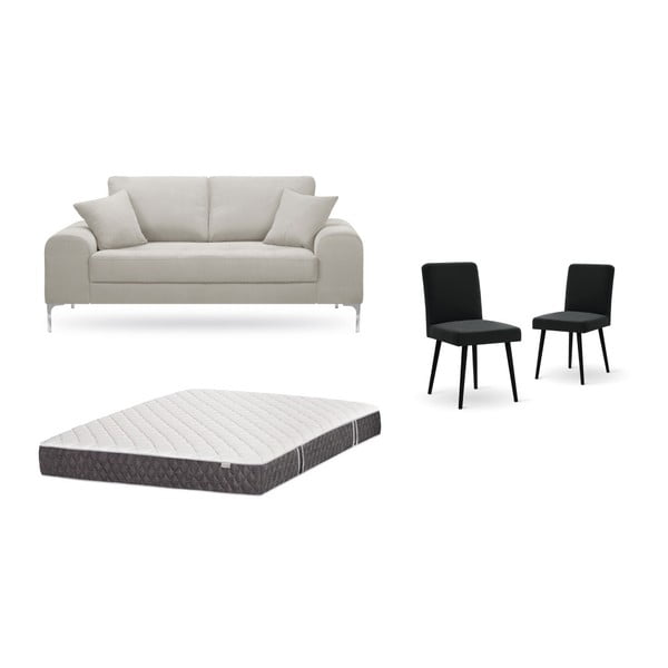 Krémszínű, kétszemélyes kanapé, 2 db fekete szék, matrac (140 x 200 cm) szett - Home Essentials