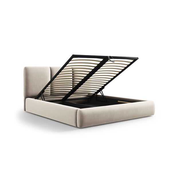 Krémszínű bársony kárpitozott ágyneműtartós franciaágy ágyráccsal 200x200 cm Brody – Mazzini Beds-image-3