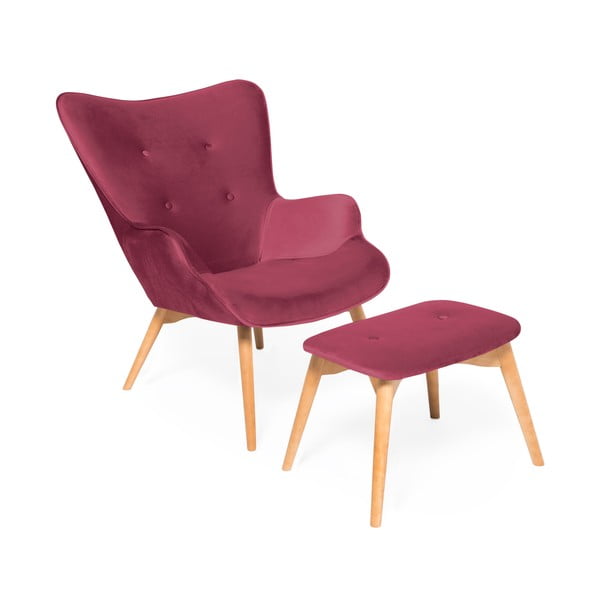 Cora Velvet rózsaszín fotel és lábtartó, természetes lábszerkezet - Vivonita