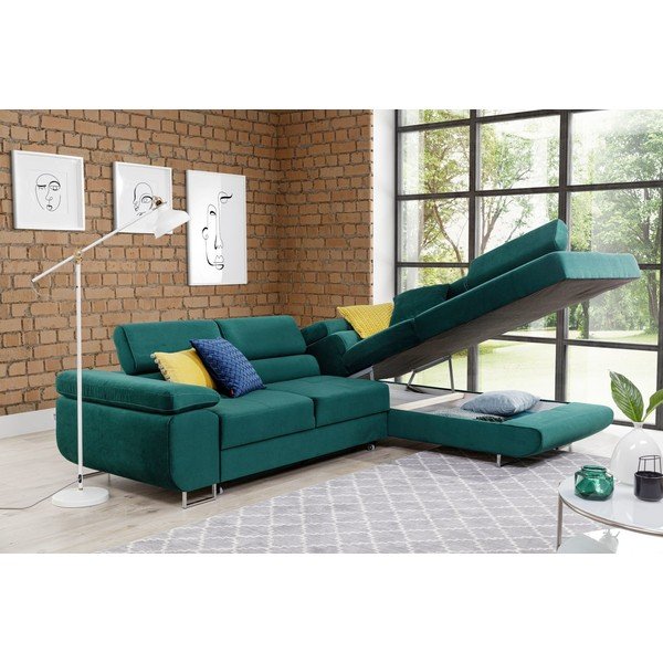 Zöld bársony kinyitható-tárolóhelyes sarokkanapé (jobb oldali-L alakú) Anton – ELTAP-image-3