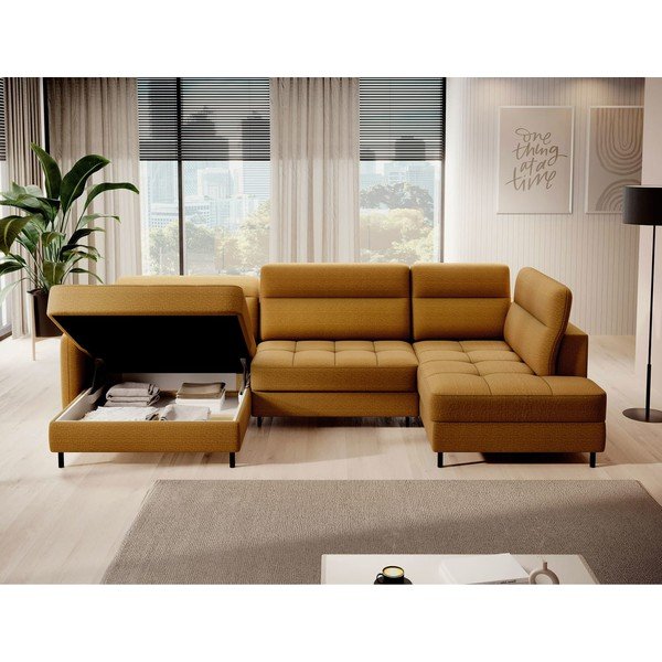 Sárga bársony kinyitható-tárolóhelyes sarokkanapé (jobb oldali-U alakú) Berrto – ELTAP-image-3