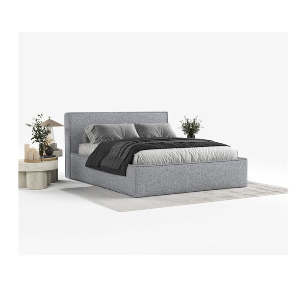 Szürke kárpitozott ágyneműtartós franciaágy ágyráccsal 160x200 cm Lounge L – Maison de Rêve-image-1